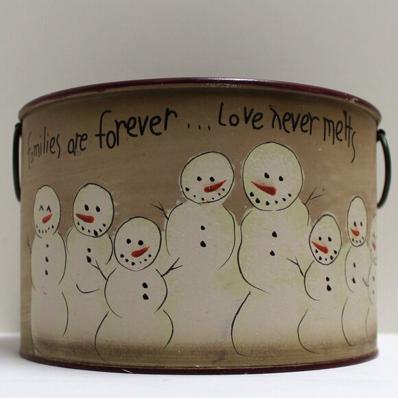 Snow People Families Are Forever . . Love Never Melts Round Tin + Circle Handles - Picture 2 of 12